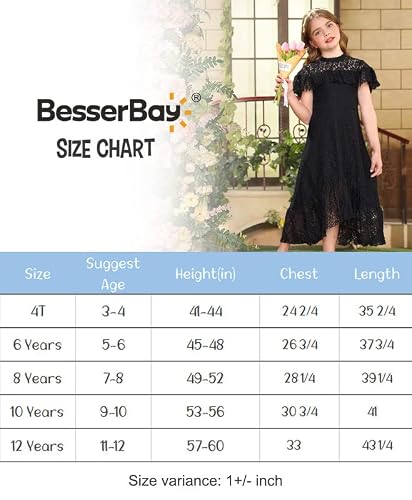Besserbay Girls Summer Baptism Elegant Black Lace Floral Girls Communion Maxi Dress High-Low Hem Boho Church Vintage Rustic Party Dress Size 4 Years #TOP6