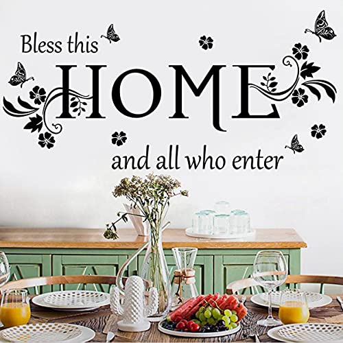 Black Vinyl Wall Sticker Wall Word Quotes Bless This Home And All Who Enter Wall Decals Flowers Butterfly Wall Decor Sticker For Entryway Living Room Home Decor. #TOP1