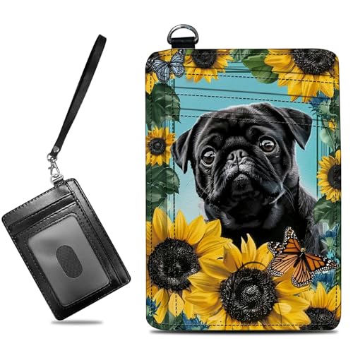 Image of Small Travel Wallets, Sunflower Pug Slim Minimalist Front Pocket Wallet with Wristlet, RFID Blocking PU Leather Credit Card Holder with ID Window Change Purse for Men Women