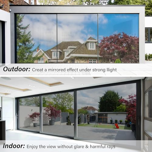 Kromapolis One Way Window Privacy Film Reflective Mirror Home Window Tint, Daytime Privacy Heat Control Anti UV Glass Tinting Static Cling (Silver, 45.2 x 393.7 inch)