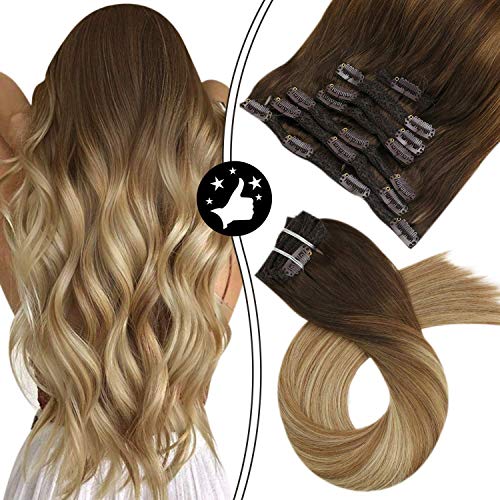 Moresoo Clip in Human Hair Extensions Remy Hair Balayage Brown to Blonde Hair Extensions Clip in 24inch Long Hair Double Weft Real Human Hair Extensions Color #4/6/24 100g 7pcs