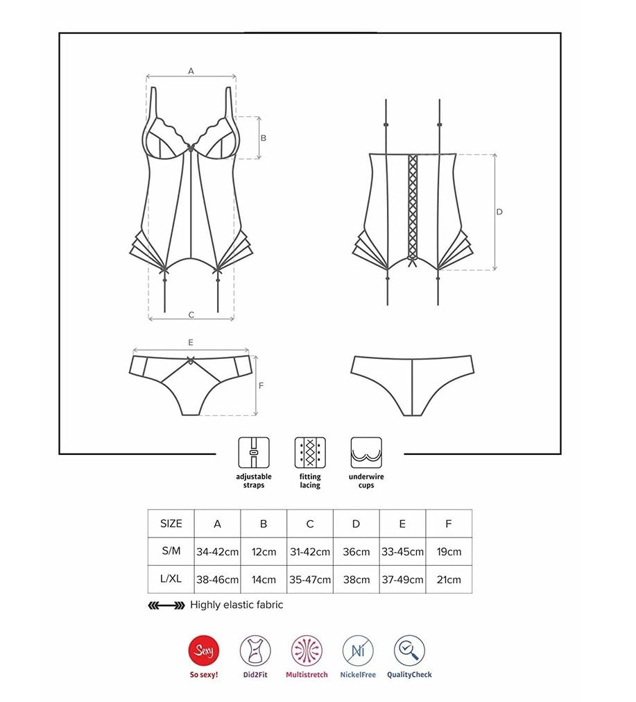 Obsessive. Frauen Dessous Set Strapshemd Corsage mit Strumpfhalter und Panties in schwarz mit Spitze, Bügelcups elastisch