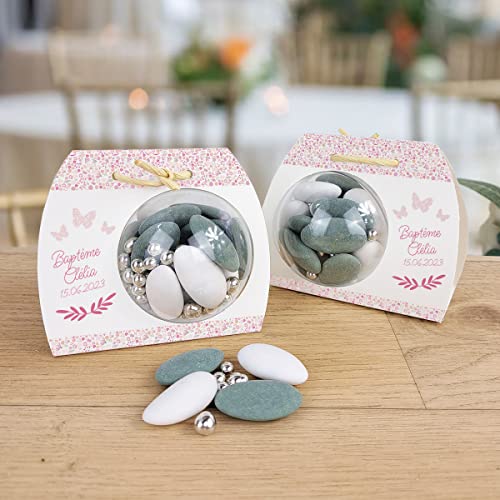 Boîtes à dragées ballotin bapteme communion mariage boule 6cm ''Papillon Liberty'' personnalisée avec votre texte lot de 4
