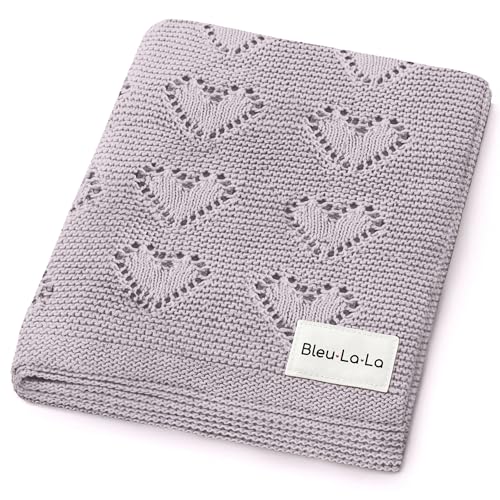 Image of Heirloom Heart Knit Baby Blanket for Girls 100% Cotton Knit Swaddling Baby Blanket - Soft Warm Cozy Swaddle Receiving Cuddle Stroller Blanket for Newborns, Infants, & Toddlers (Lavender)