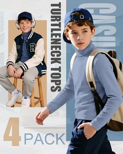 4 Pack Boys Turtleneck Long Sleeve Shirts Elastic Solid Warm Basic Football Baseball Undershirt Base Layering Tops3