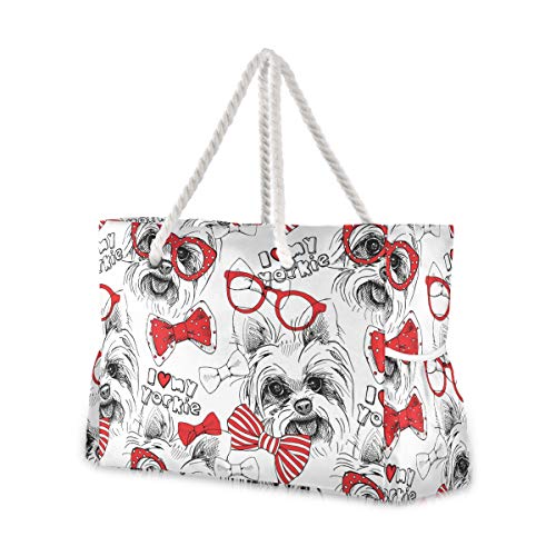 VIKKO Cute Yorkie Dogs With Sunglasses Beach Bag Large Travel Tote Bag Zippered Shoulder Bag for Women Toys Girls