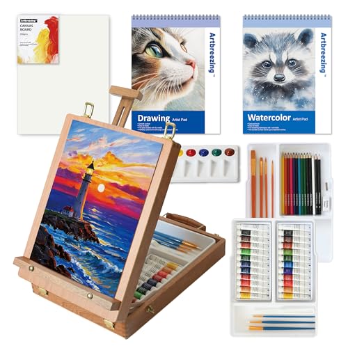 Artbreezing Mixed Media Art Set,55 Pack Painting Supplies Kit with Tabletop Sketch Box Easel and Various Accessories,Complete Painting Set for Students Artists Beginners