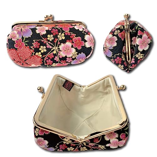 Kiss Lock Small Makeup Bag for Purse [ Made in Japan] Traditional Edo Komon Design Cute Cosmetic Pouch (Cherry blossom (Black))4