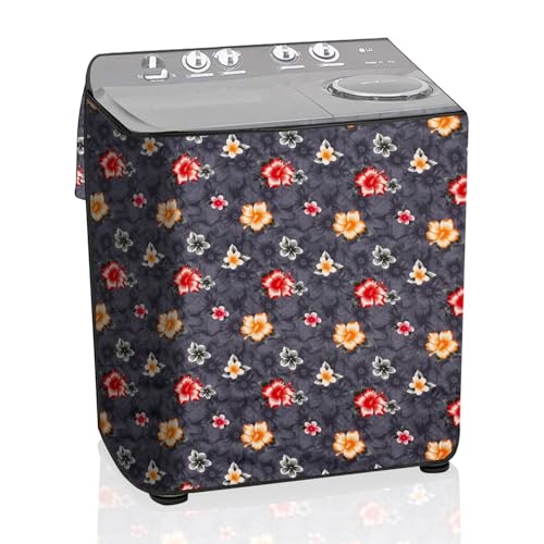 Image of The Furnishing Tree Semi-Automatic Top Load Washing Machine Cover | Waterproof & Dustproof | Easy to Clean | Inlet & Outlet Pipe Provision | Durable & Washable, Floral Grey Polyester (46x76x86.5 CM)