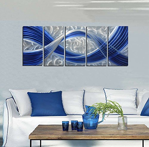 Metal Wall Sculpture With Dark Blue Line Silver Background, Aluminum Wall Art, Unique Metal Artwork, Abstract Metal Wall Art For Modern And Contemporary Decor, Indoor And Outdoor, 5-Panels 64" X 24" #TOP1