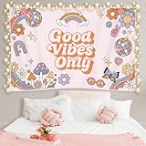 HunnmingRe 60' x 40' Pink Tapestry Coquette Pink Aesthetic Bedroom Hanging Wall Art Preppy Tapestry Decor Kit Cute Room Decoration for Women Girls Room Dorm Apartment (Good Vibes Only)