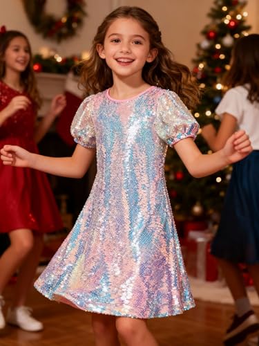 Image of WELAKEN Girls Ombre Sequin Dress Sparkly Fancy Short Puff Sleeves Gradient Party Dress