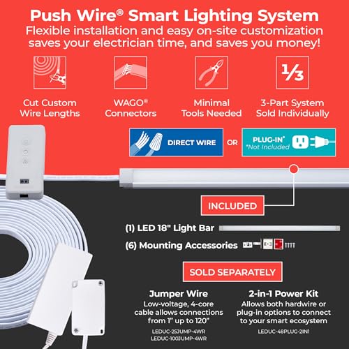 Image of PureOptics LED Professional Push Wire Under Cabinet Light Bar, Add-on, Plug-in or Hardwire Compatible, Adjustable White and RGB LED, for Kitchen, Utility Light, Closets, Garage, Pantry, (1) 18 inch Bar