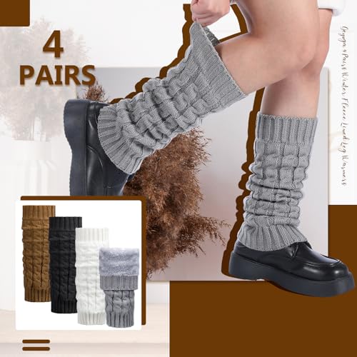 Image of Geyoga 4 Pairs Wome Winter Fleece Lined Leg Warmers Knit Warm Long Leg Knit Thick Boot Socks for Skating Walking