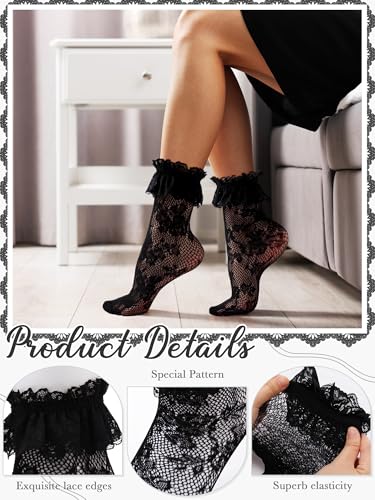 Image of Geyoga 4 Pcs Womens Lace Ankle Socks Ruffle Frilly Socks Mesh Lace Trim Socks Lolita Socks Ankle High Socks for Women(Black)