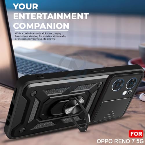 Image of AESTMO Tough Armor Oppo Reno 7 5G Bumper Back Case Cover | Ring Holder & Sliding Camera Shield Cover | 360 Degree Protection Back Case Cover for Oppo Reno 7 5G (Black)