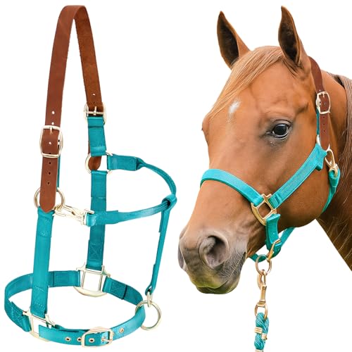 Yeyeplum Leather Halter for Horses Equine Breakaway Nylon Rope Horse Halter with Snap & Adjustable Chin and Throat Snap Hook Halters for Training Show and Daily Use Average Size(Green Brown)