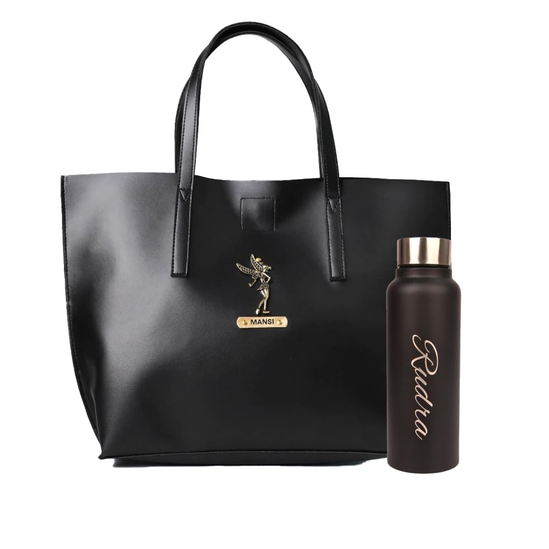 YOUR GIFT STUDIO Personalized Ladies Combo Leather Tote Bag and More | Women's Shoulder Bag | Customized with Name and Charm (Black)