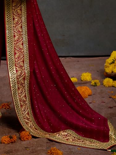 Image of AKHILAM Women's Pink Satin Silk Embroidered Saree with Unstitched Blouse Piece (SANCHI3001 SUM Parent)