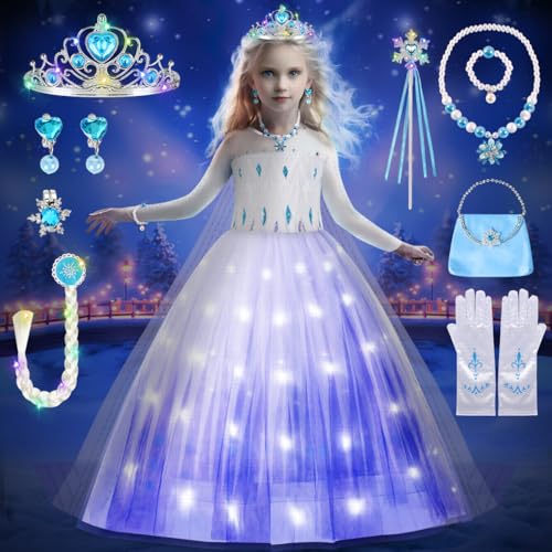 COYBTO Robe Princesse Fille, LED Deguisement Princesse avec Perruque Lumineuse Couronne Ensemble, Déguisement Princesses, Robe de Princesses pour Carnaval...