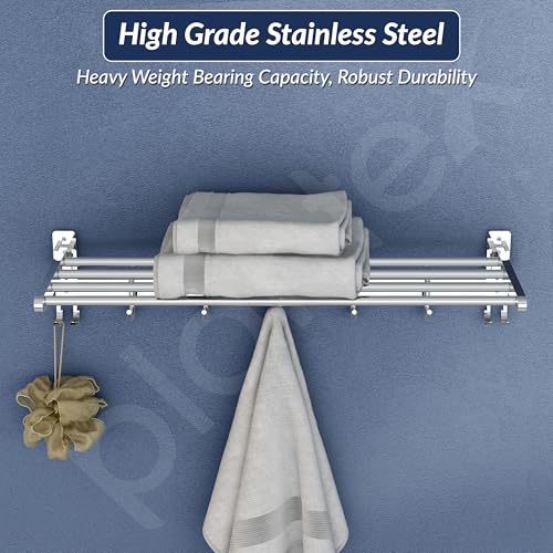 Image of Plantex Folding Towel Rack /Stainless Steel Towel Holder /24 Inch Towel Hanger for Bathroom /Towel Stand with Fix Hook /Bathroom Accessories - Pack of 1 (Chrome)