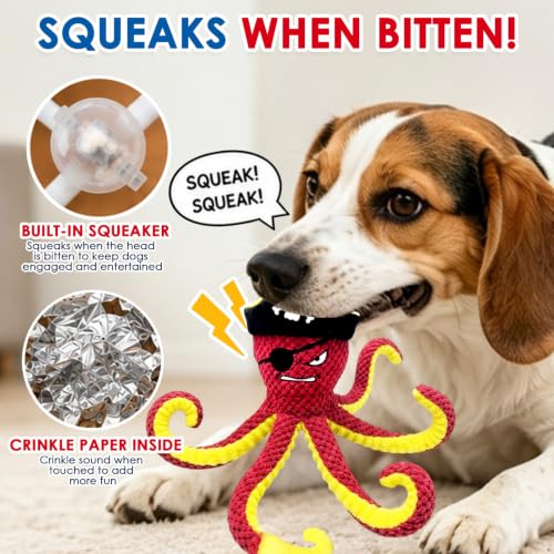 Image of MAXBECK Interactive Octopus Dog Toy, Plush Dog Toy with Crinkle Paper & Squeaker, Tug of War Dog Toy for Small Medium Large Dogs, Soft Dog Chew Toy for Indoor Play, Puppy Training (I-Octopus-Red)