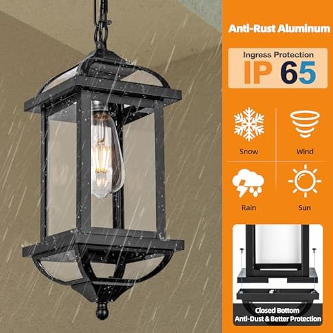 Large Outdoor Pendant Light 16 Inch Outdoor Chandelier Hanging Light Matte Black