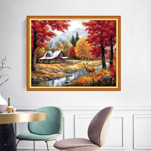 Image of Joyhoor Cross Stitch Kits for Beginners Stamped Cross-Stitch Supplies Needlework preprint Embroidery Kits for Adults DIY Needlepoint Kits Embroidery Patterns 11CT-Late Autumn Elk 16x20 inchs