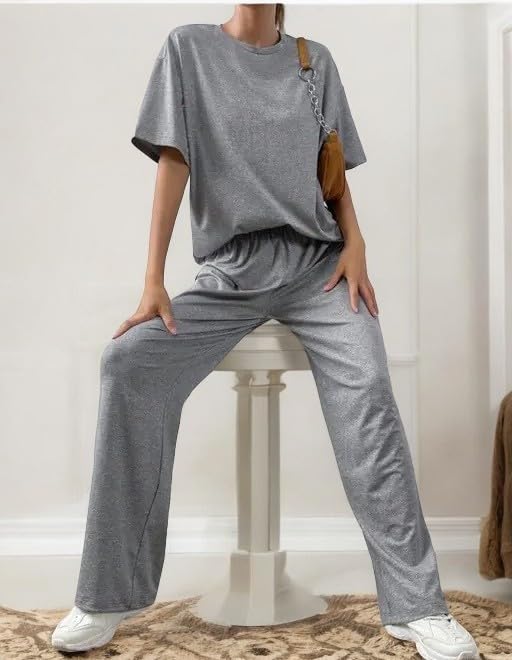 Image of My Swag Womens 2 Piece Outfits Co Ords Set Casual Half Sleeves Round Neck T-Shirts & Pants Pajama Set Cods Set for Women & Girls