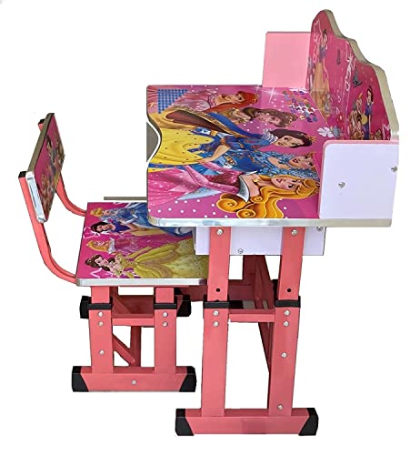 Image of MLU Kids Study Table and Chair Set, Height Adjustable (Pink), MDF Multifunctional Baby Desk Chair