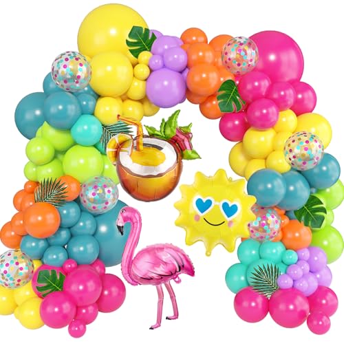 168Pcs Summer Tropical Balloon Arch Garland Kit Rainbow Hot Pink Green Orange Blue Purple Sun Coconut Flamingo Foil Balloons for Hawaiian Luau Aloha Baby Shower Birthday Party Decorations Supplies