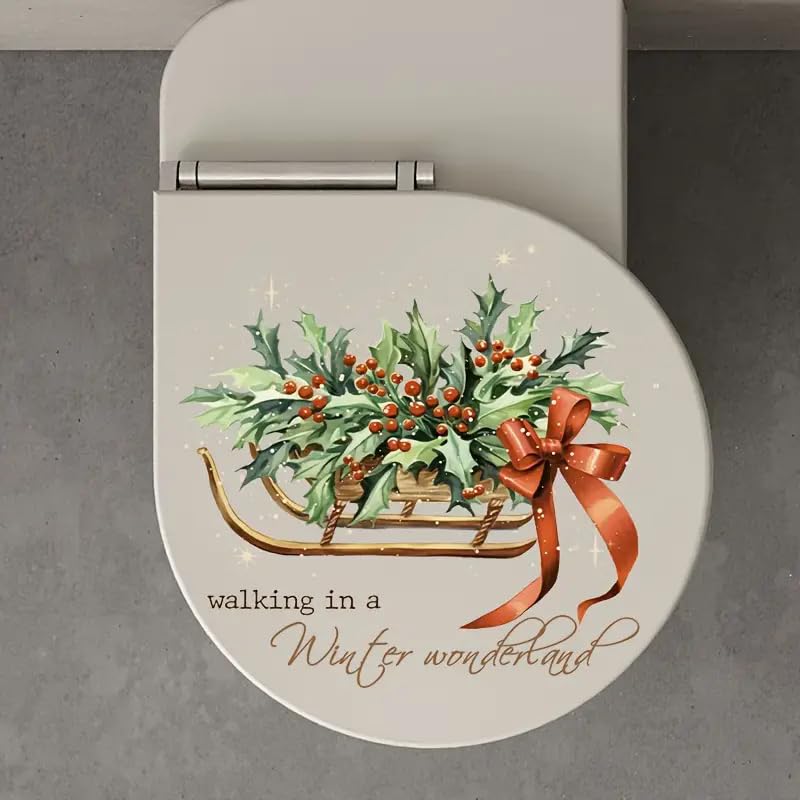 Christmas Sleigh Toilet Cover Sticker Decals,Fish Bird Flower Leaf Waterproof Toilet Lid Tank Seat Decals Cistern Self-Adhesive Bathroom Wall Sticker