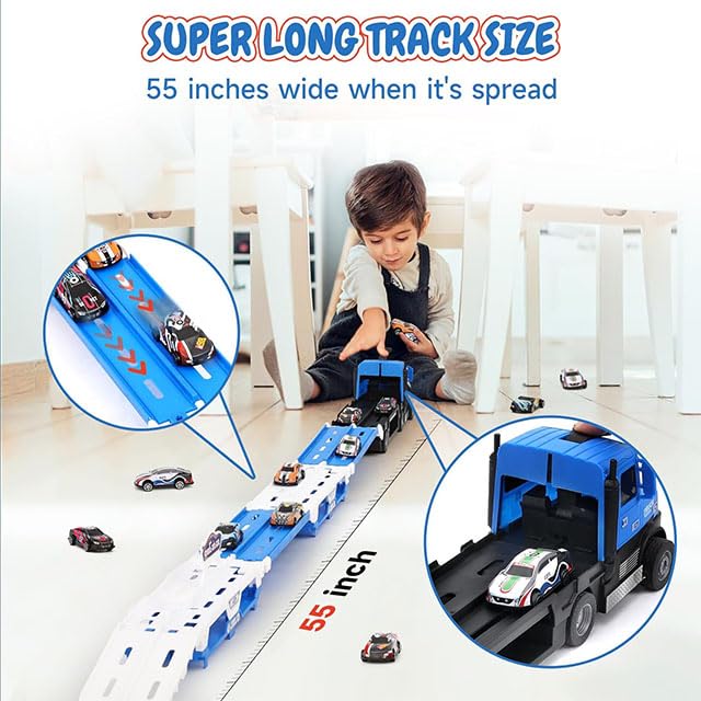 Image of Happy Hues Big Hauler Storage & Deform Truck Toy with 55 inch 2 Ejection Race Track & 6 Cars- Catapult Truck with LED Light & Music for Kids (Blue & Yellow)