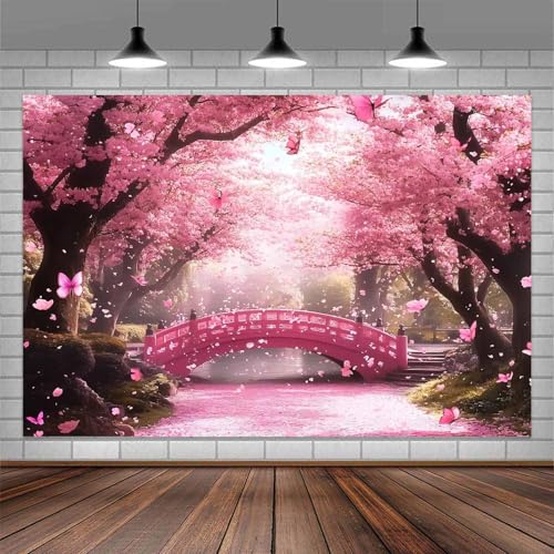 Cherry Blossom Flowers Backdrop for Photography, Spring Scenery Cherry Blossom River Bridge Garden Nature Wedding Bridal Shower Background Girls Women Portrait Themed Party Decor, 7x5ft