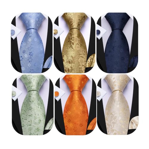 Image of Barry.Wang 6 PCS Men Ties Set Silk Business Fashion Woven Necktie Handkerchief Cufflinks Paisley Stripe Wedding Party