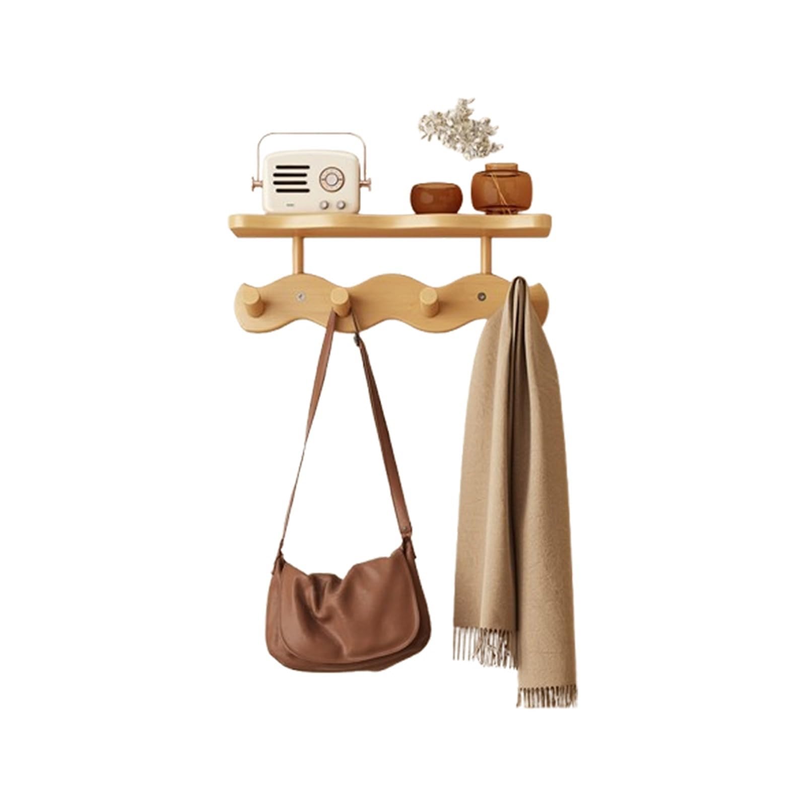 FGXHHS Wall Coat Rack, Wooden Hooks with Shelf, Multi Hook Racks, Hanging Shelving Dual and Key Hooks, for Bathroom, Bedroom, Kitchen, Living Room, Mudroom(Wooden,YES4)