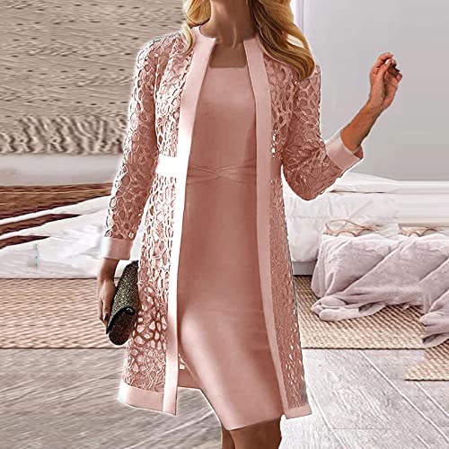 Akklian Women's Fashion Long Cardigan Tops Sleeveless Dress Two Piece Set Slim Fit Lace Mesh Cardigans Formal Dressy Outfits2