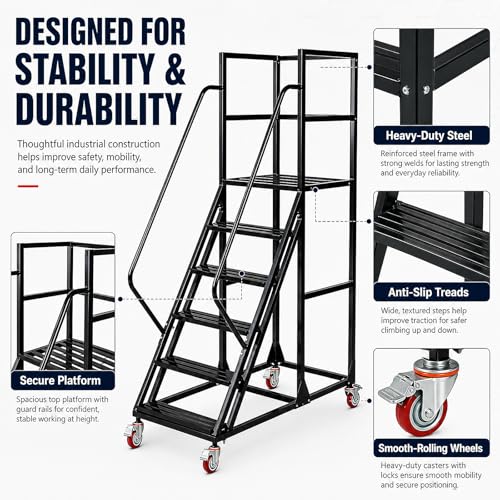 Image of 6 Step Rolling Ladder with Handrails, 1100 lbs Capacity Heavy Duty Mobile Warehouse Ladder with Wheels, Industrial Steel Non-Slip Rolling Stairs with Large Platform, for Garage Stockroom Library