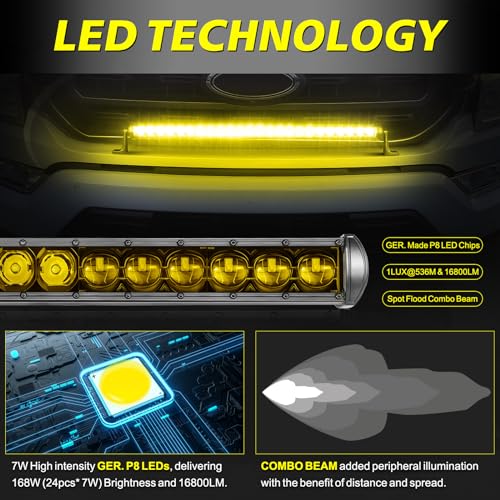 Image of 30 inch 168W Amber Single Row LED Light Bar w /Wiring Kit & Cover | Spot Flood Combo, High Intensity OSRAM LED Off Road Driving Bumper Grill Roof Light Bar for UTV Truck Pickup SUV