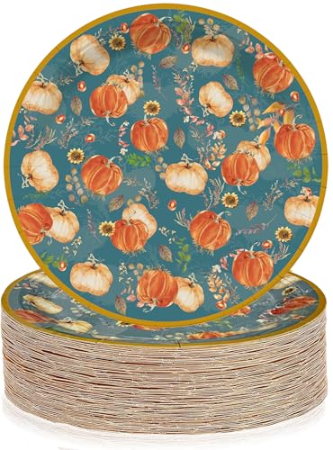 ZTDIXF 60PCS Thanksgiving Paper Plates 9 Inch Disposable Fall Plates with Pumpkin & Floral Design Sturdy Autumn Dinnerware for Thanksgiving Party Harvest Festival Holiday Meals