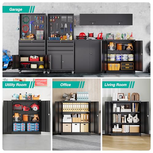 Image of SISESOL Small Metal Storage Cabinet with Doors and Shelves,36 inch Black Locking Garage Cabinet,Lockable Short Steel Cabinets for Home,Office,Shop,Garage