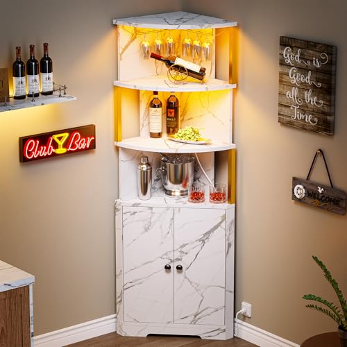 IRONCK 71'' Corner Bar Cabinet with LED Lights, 5-Tier Wine Rack with Power Outlets, Glass Holder and Door, Liquor Cabinet for Home Bar & Coffee Bars, White & Gold - Image 4