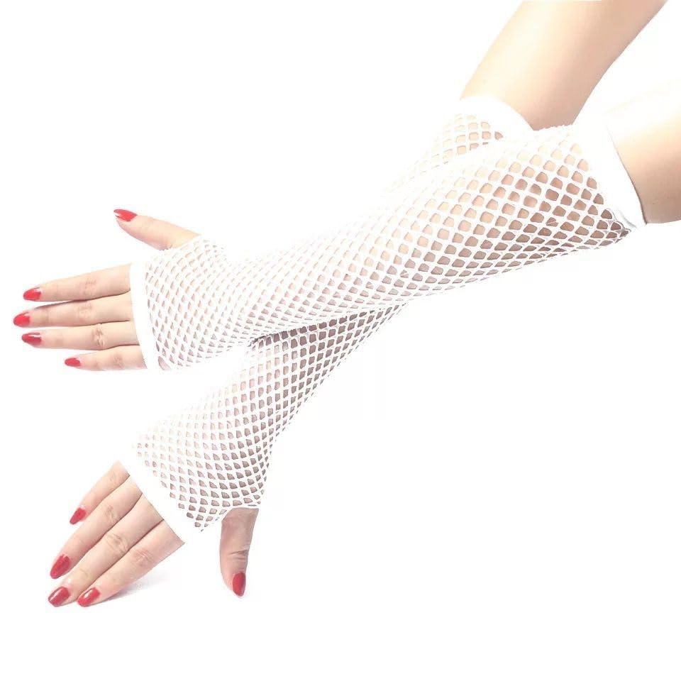 Alexvyan Long Extended Hand Sleeves Knitting coarse mesh fishnet elastic gloves long gloves half finger club etiquette gloves for Women and Girls (Pink)