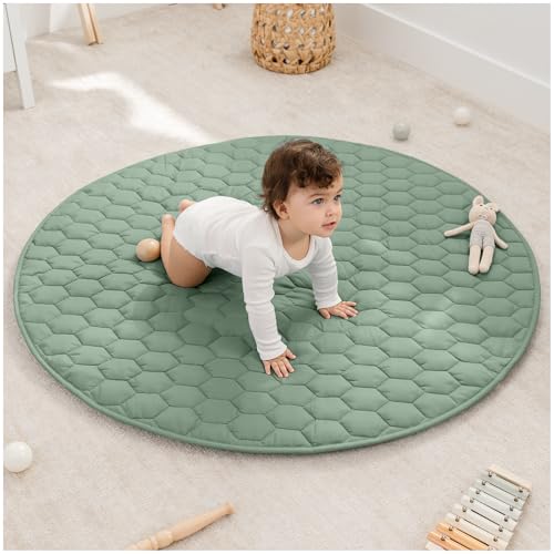 Image of Comfy Cubs Round Kids Play Mat - Medium 48 inches Soft Quilted Baby Floor Mat with Non-Slip Bottom - Plush Design for Toddlers' Playtime - Comfortable and Durable - Fern