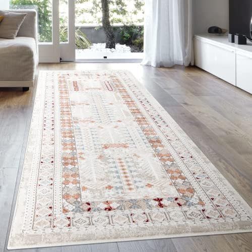 2x6 ft Boho Runner Rug - Versatile Area Rug for Hallway, Kitchen, Bathroom, Entryway, Laundry Room, Bedroom - Grey, Pink and Natural Tones - Oriental Boho Style - Soft Thick Carpet with Tribal Pattern
