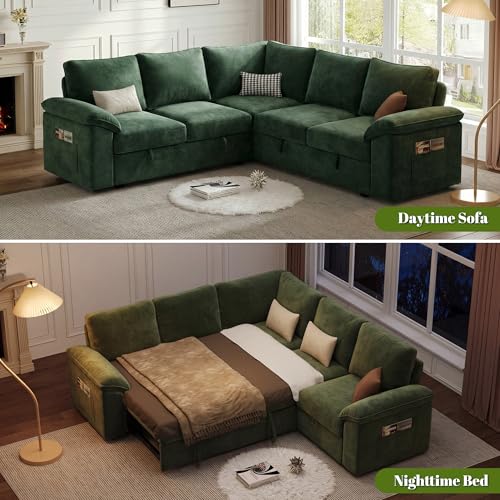 Image of 85 Inch Modular Sectional Sofa with Pull Out Bed, L Shaped 5 Seat Sectional Sleeper Sofa with Storage, Sectional Couches for Living Room, Cloud Modular Couch,Removable Sofa Cover,Green