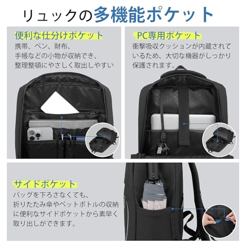 ecoofee リュック メンズ ビジネスリュック 防水 大容量 軽量 バックパック A4対応 ノートPC収納(15.6インチ) 多機能 リュックサック りゅつく カジュアル 止水ファスナー 撥水加工 耐衝撃 通勤 出張 旅行 通学 人気 おしゃれ の商品画像 3