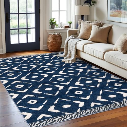 KILOCOCO Living Room Rug 6x9 Area Rug Printed Boho Washable Bedroom Rugs Non Slip Soft Large Moroccan Rubber Backed Indoor Rugs for Dining Room Office Farmhouse Geometric Carpet, Blue