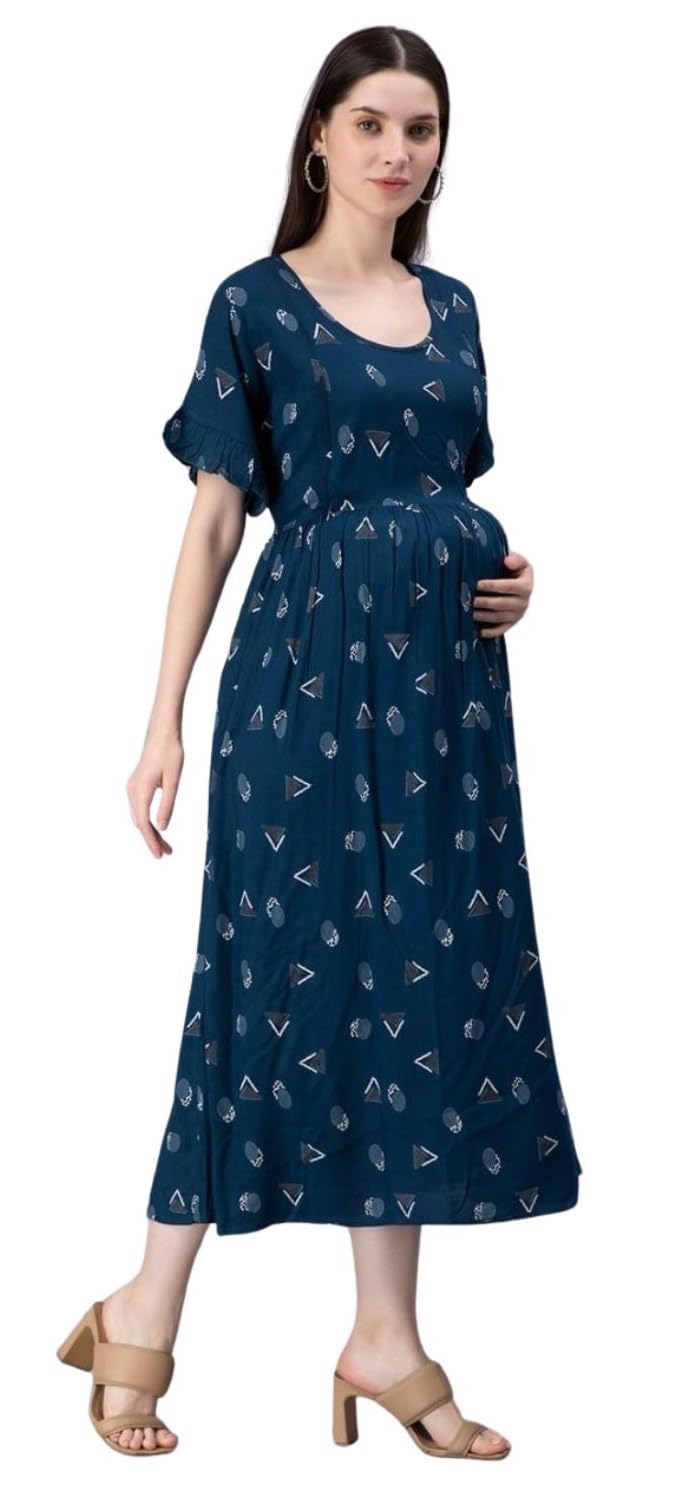 khejal Women's Cotton Round Neck Short Sleeves Printed Maternity Kurti with Feeding Zipper-picture-31