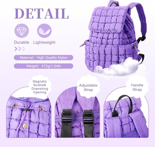 Image of MOCA Quilted Puffer Backpack for Women, Nylon Puffy Casual Girls Womens Backpack, Lightweight Hiking Gym Daypack Preppy Travel Bag with Adjustable Top Flap Drawstring